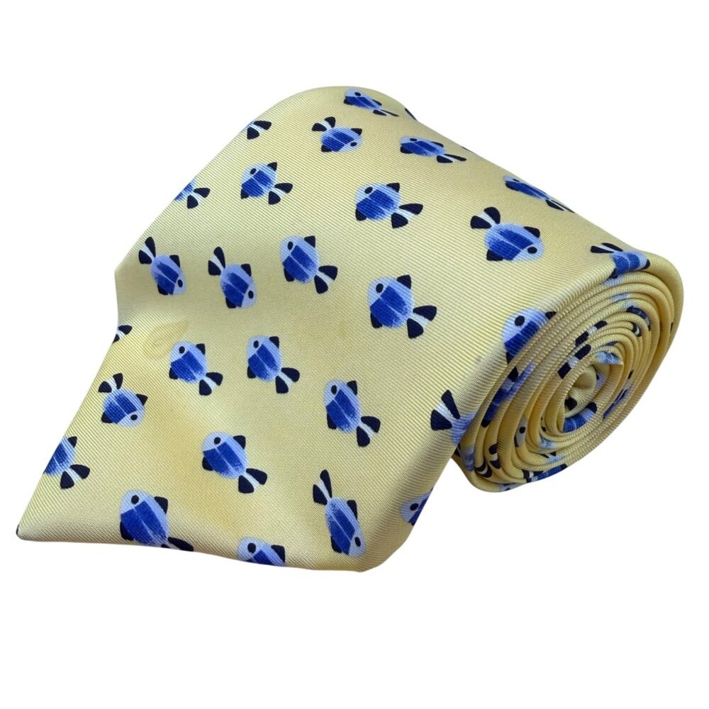 Banana Republic Mens Yellow Silk Tie With Blue Fish Print